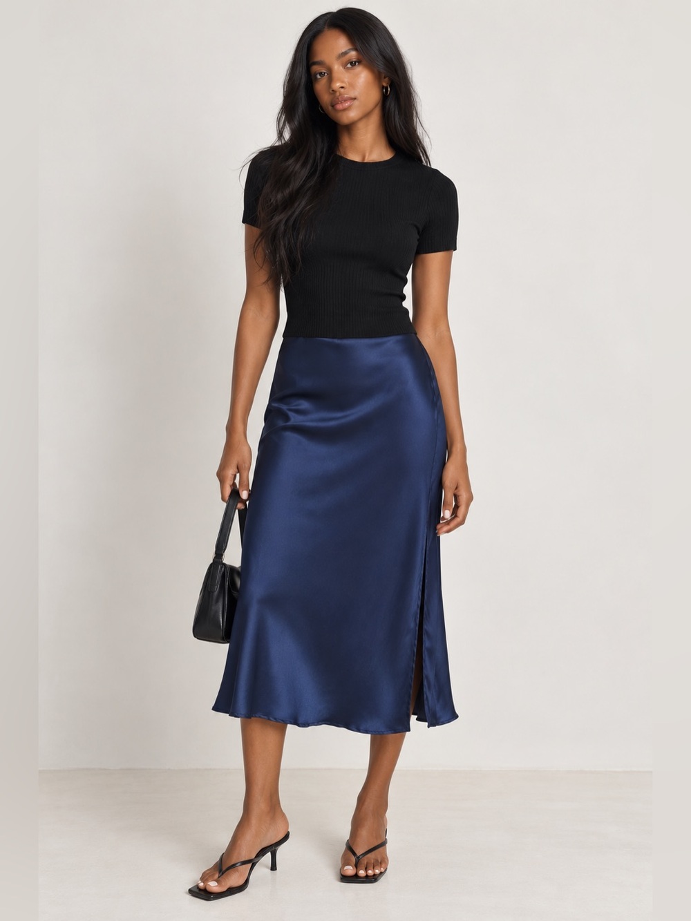Renee C. Navy Satin Midi Slip Skirt